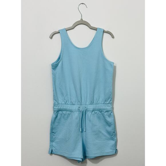 Athleta Girl Havin A Great Time Romper L 12 Cotton Blue Drawstring Pockets NWOT - Picture 1 of 6